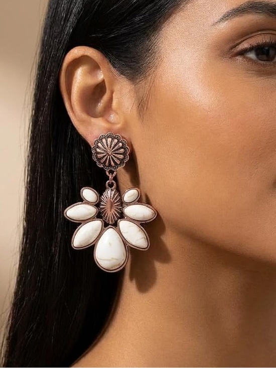 Anthropologie Jewelry - Anthropologie White Stone Floral Drop Earrings in Rose Gold Tone